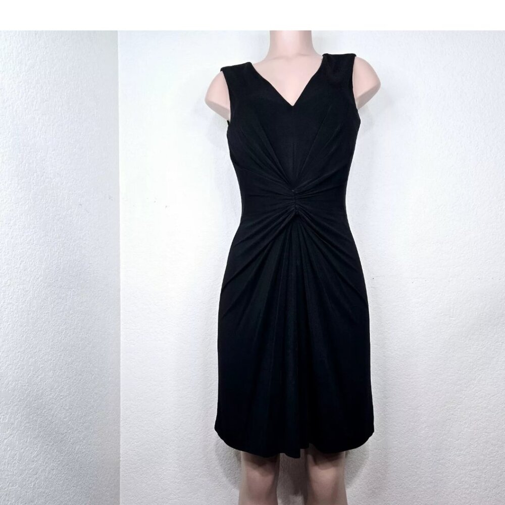 David Meister Black Ruched Dress V-Neck Sleeveless Cocktail Sheath